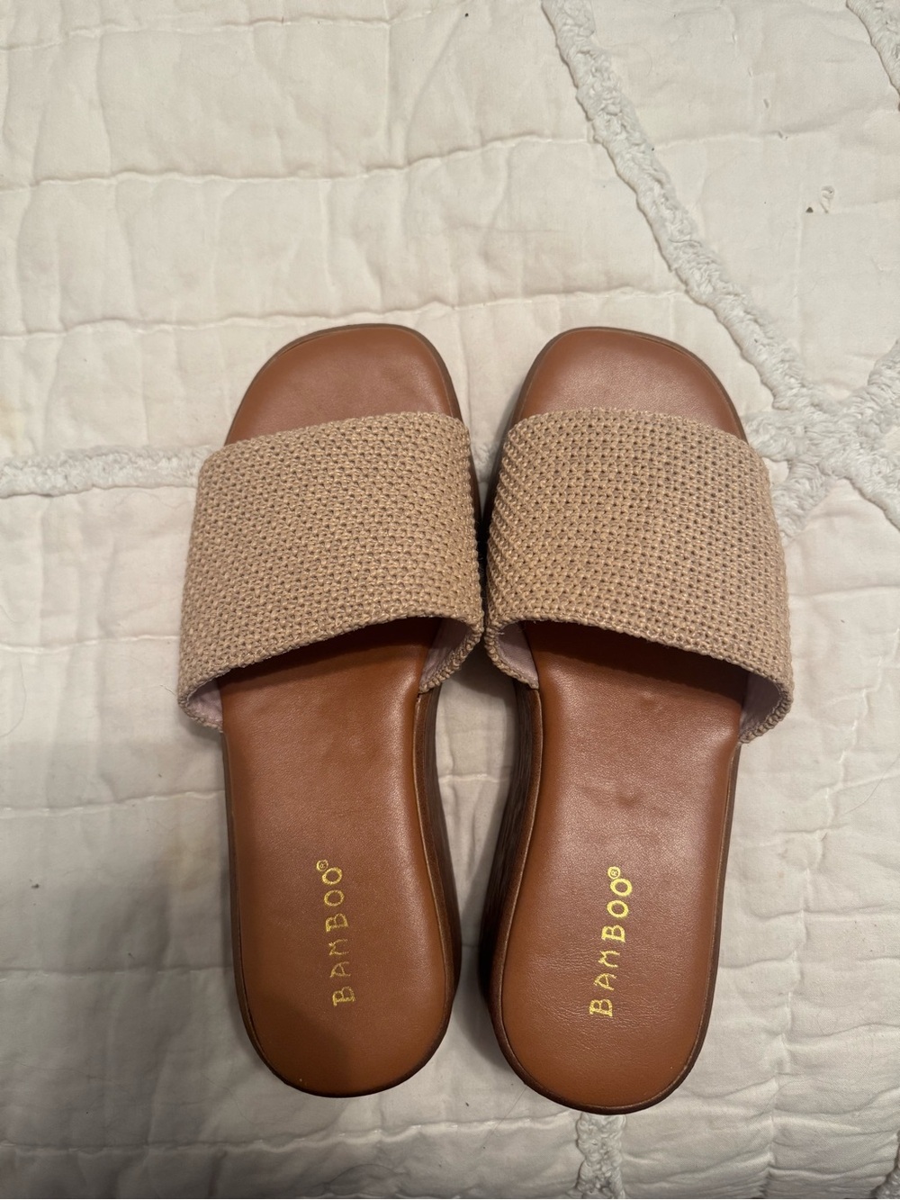 BAMBOO Women's Beige Woven Strap Slide Sandals